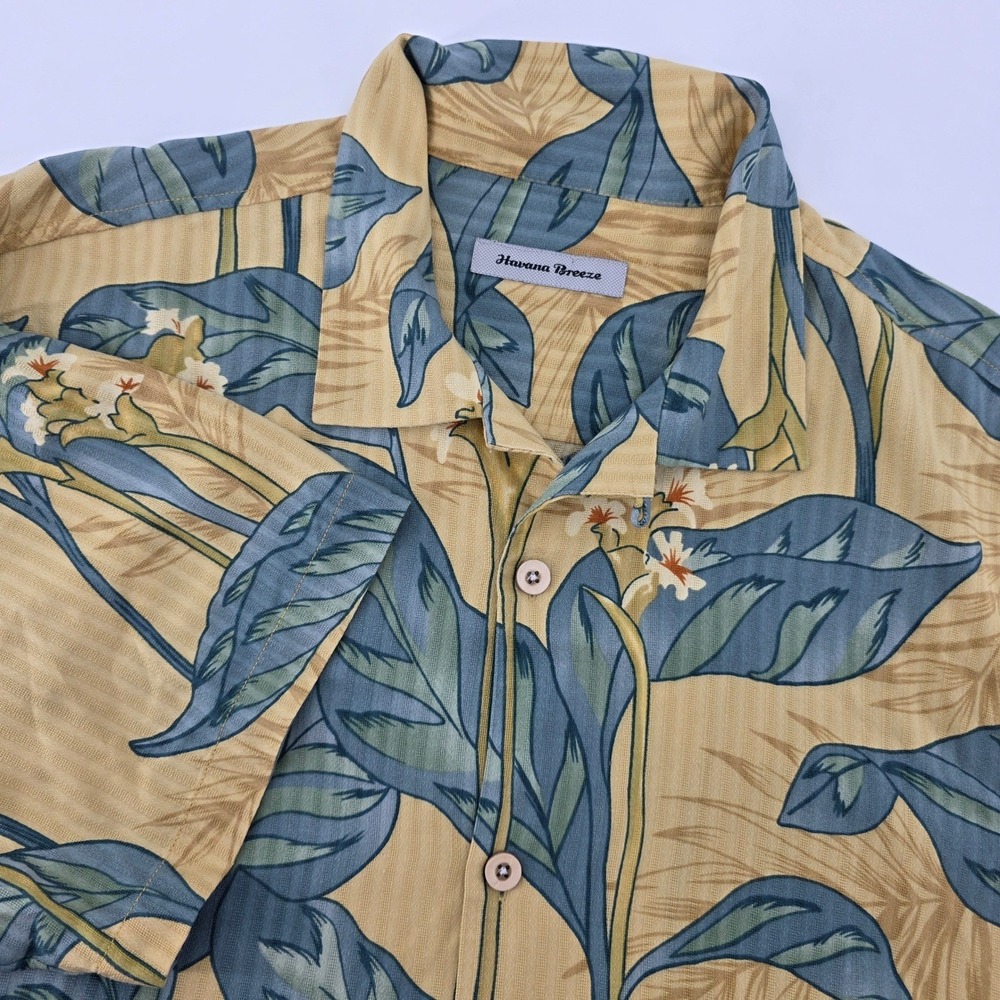 Havana Breeze Mens Large Silk Tropical Aloha‎ Shirt Short Sleeve Tan Floral